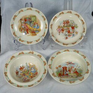 4 pieces Royal Doulton Bunnykins set. 2 saucers, berry bowl & porridge bowl